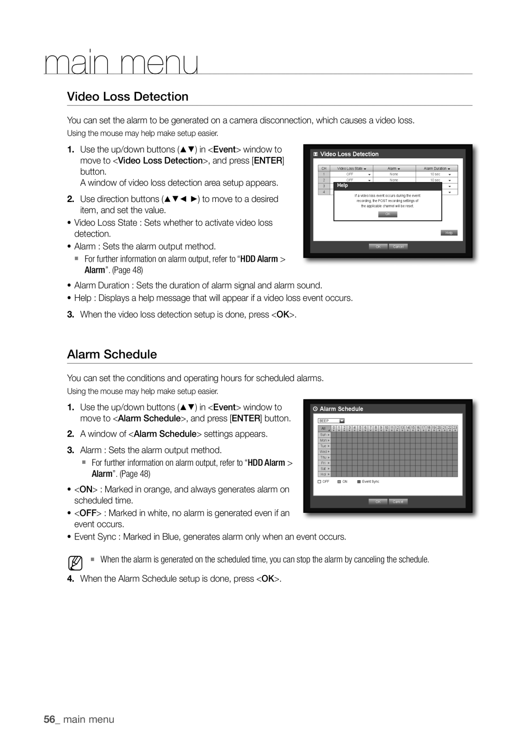 Samsung SDR3100 user manual Video Loss Detection, alarm Schedule, 56_ main menu 