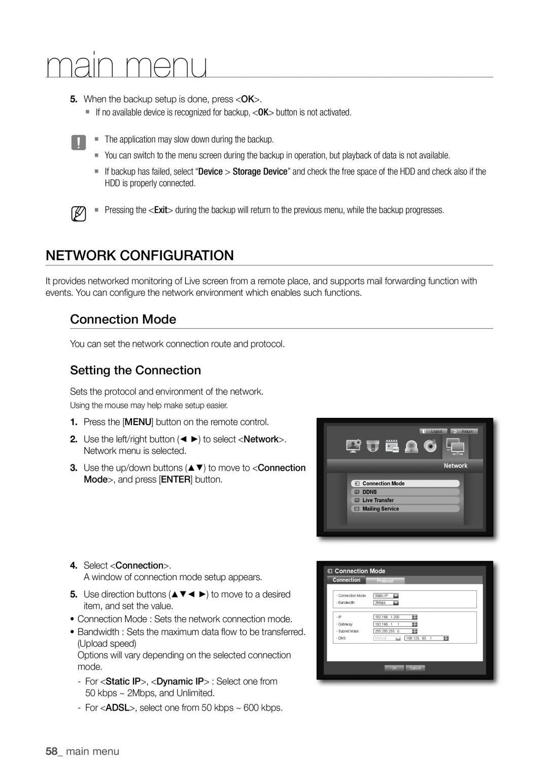 Samsung SDR3100 user manual neTWORK COnFiGuRaTiOn, Connection mode, Setting the Connection, 58_ main menu 