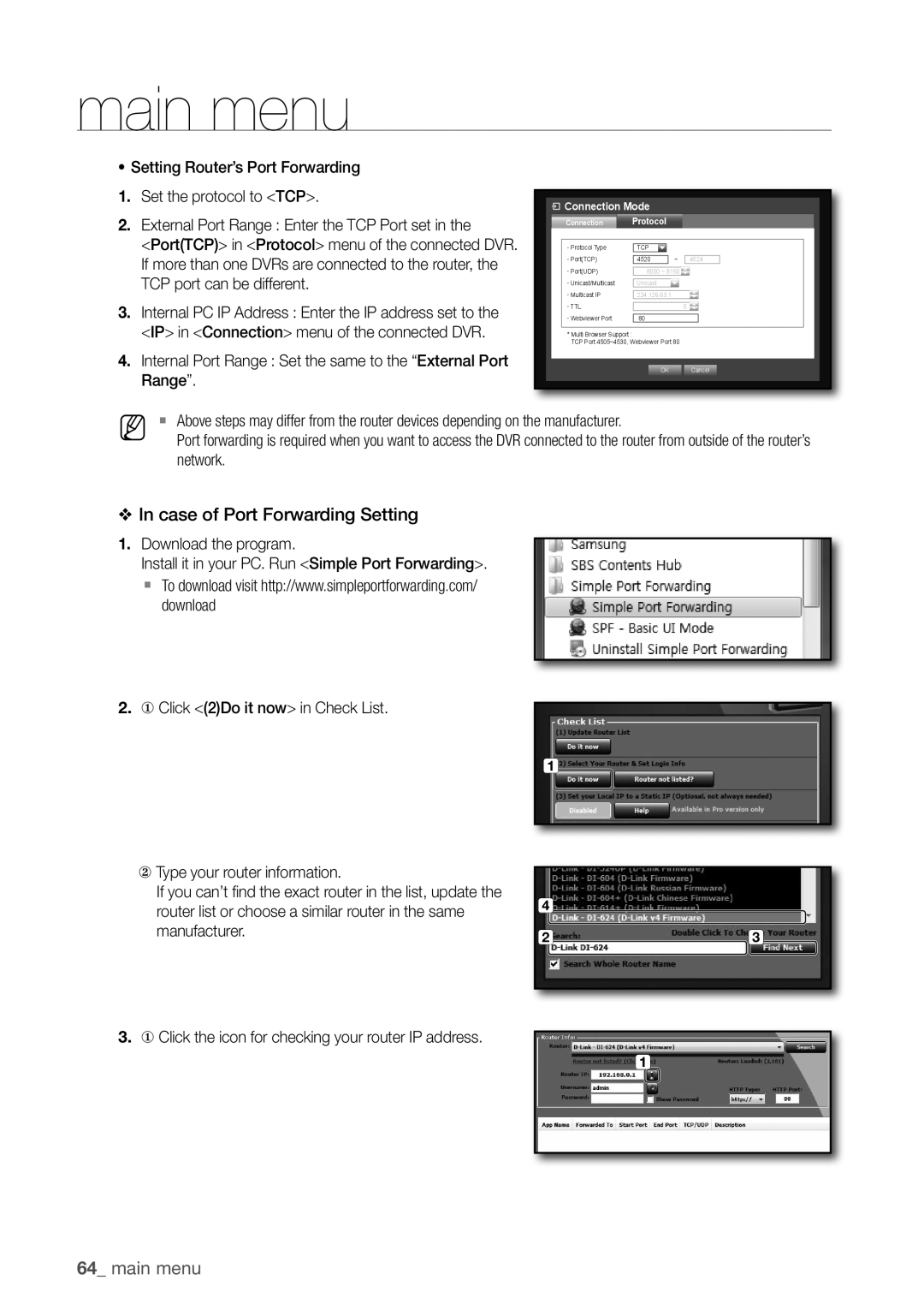 Samsung SDR3100 user manual in case of Port Forwarding Setting, 64_ main menu 