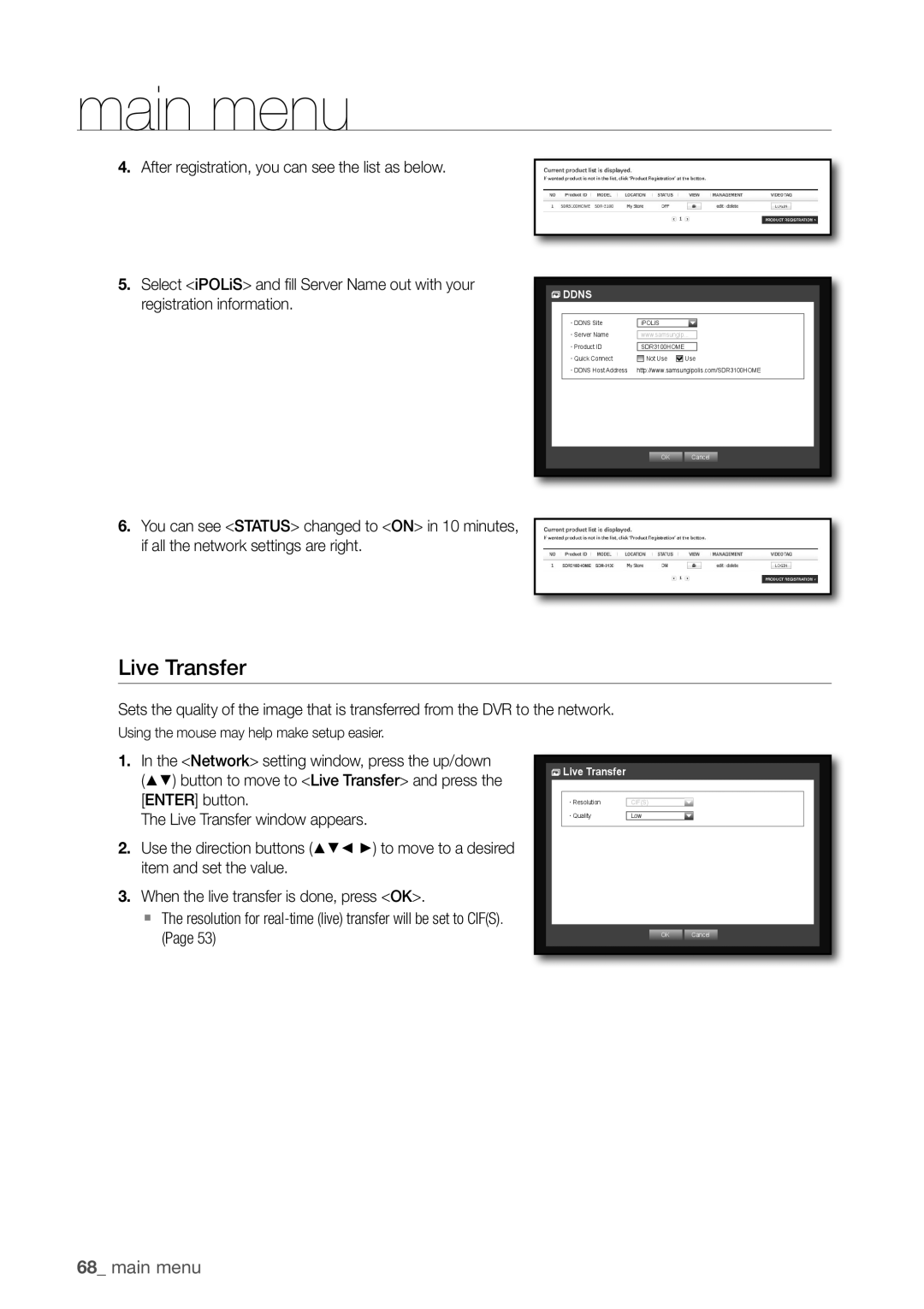 Samsung SDR3100 user manual Live Transfer, 68_ main menu 
