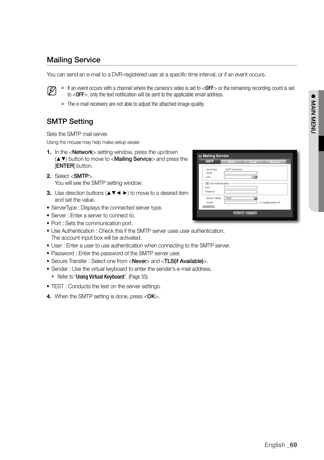 Samsung SDR3100 user manual mailing Service, SmTP Setting, English 