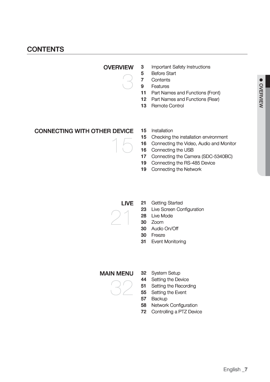 Samsung SDR3100 user manual Contents, overview, connecting with other device, live, main menu, English _7 