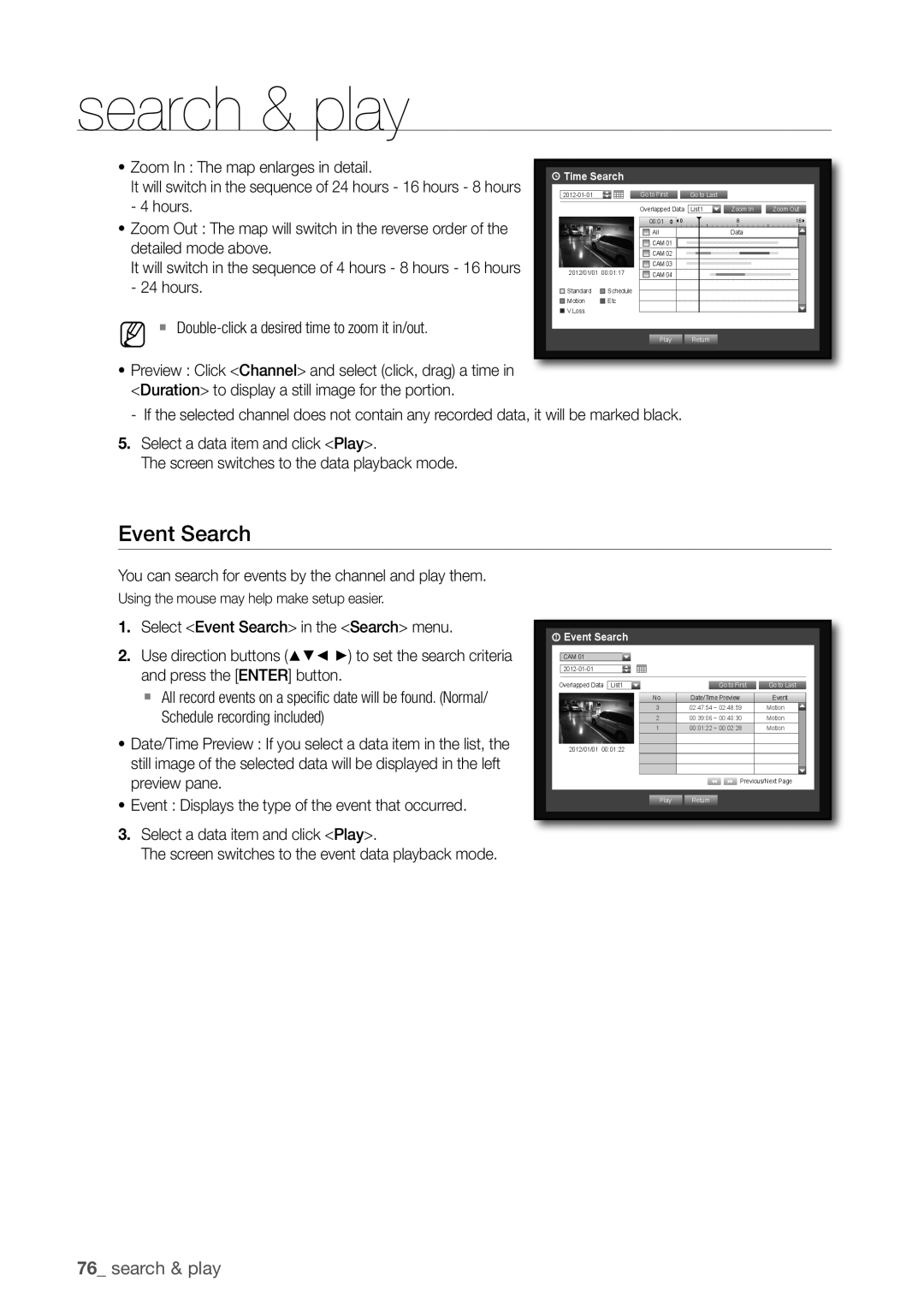Samsung SDR3100 user manual event Search, 76_ search & play 