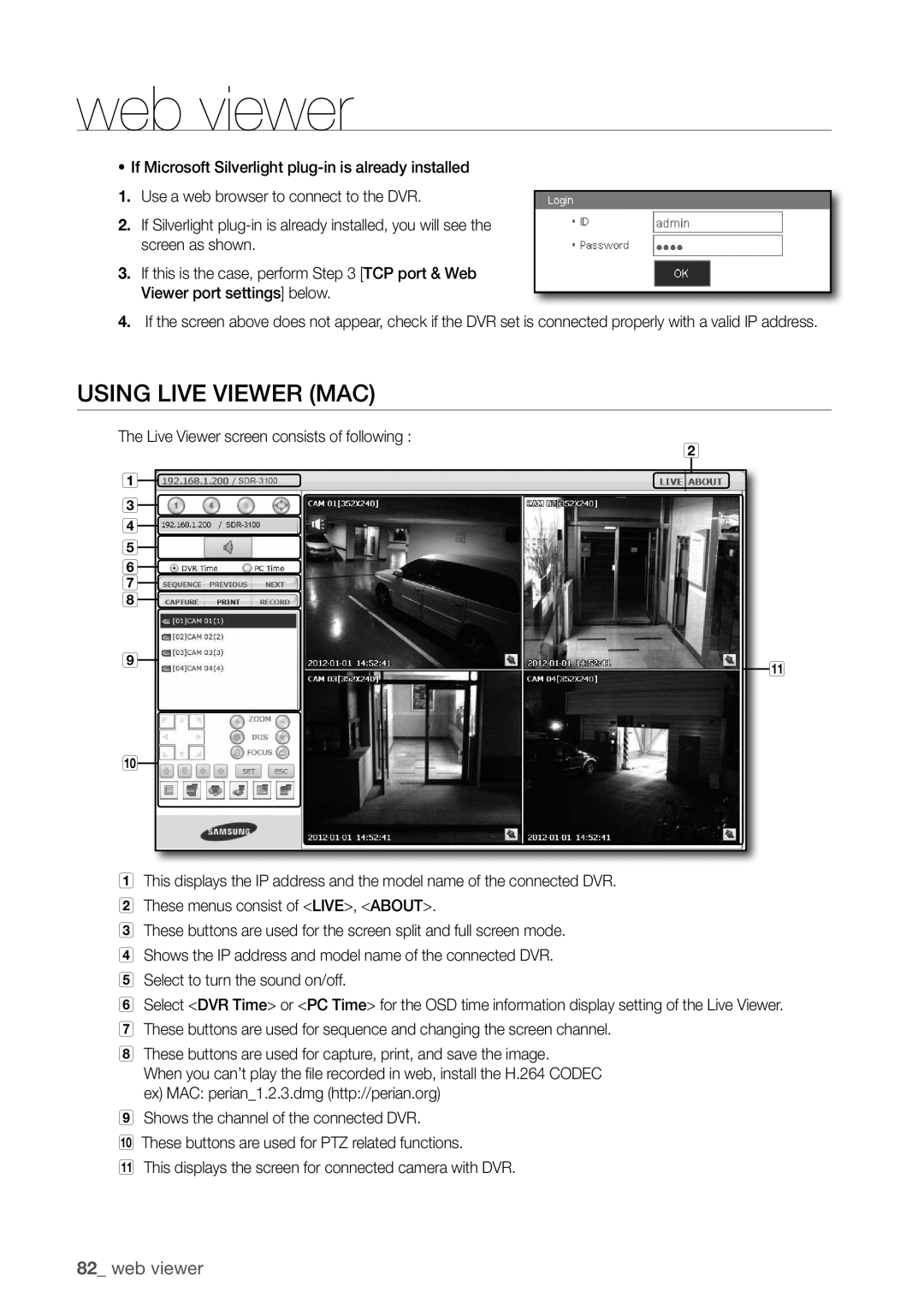 Samsung SDR3100 user manual uSIng lIVe VIeWer MAc, 82_ web viewer 