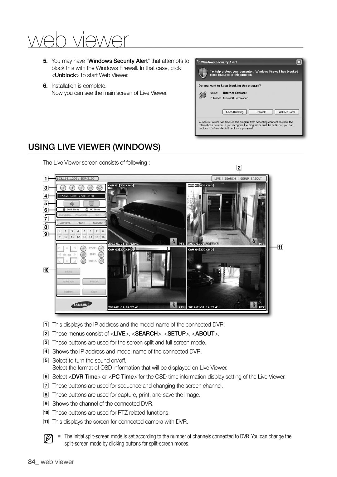 Samsung SDR3100 user manual uSIng lIVe VIeWer WIndoWS, 84_ web viewer 