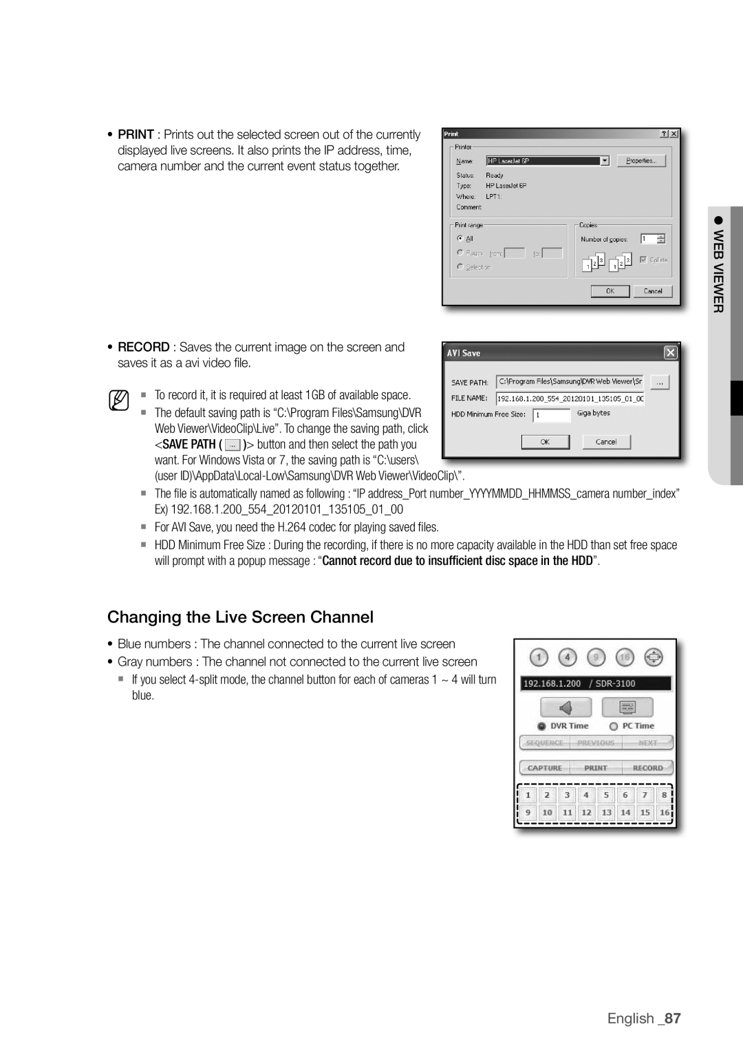 Samsung SDR3100 user manual changing the live Screen channel, English _87 