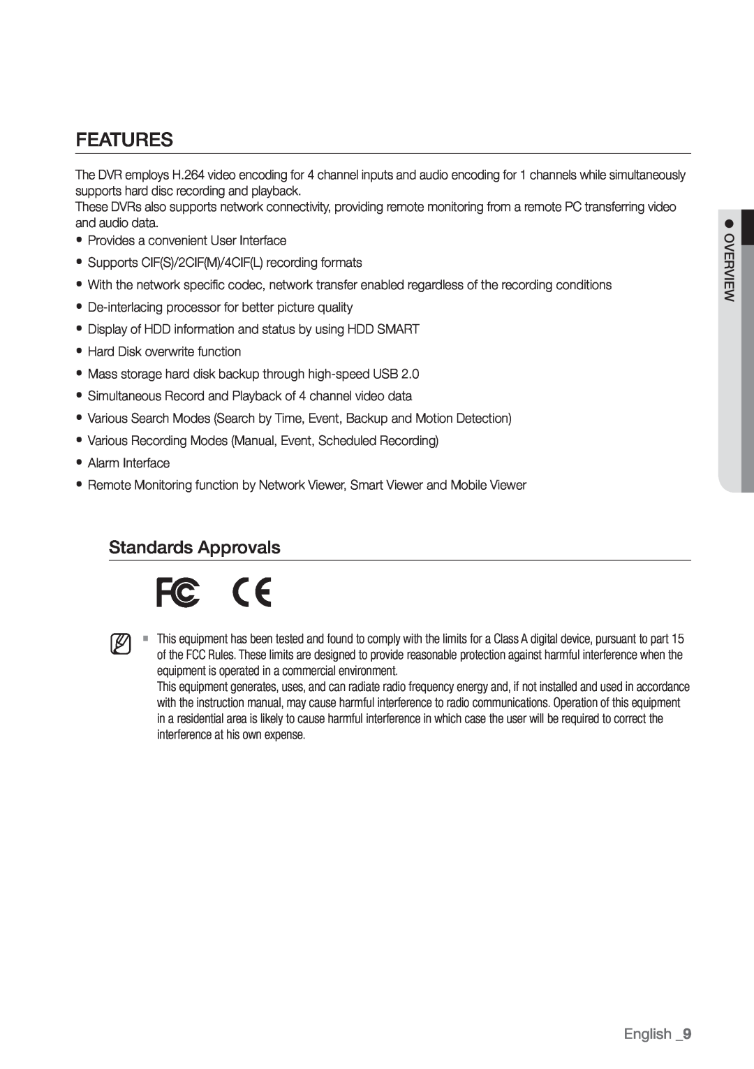 Samsung SDR3100 user manual Features, Standards Approvals, English _9 