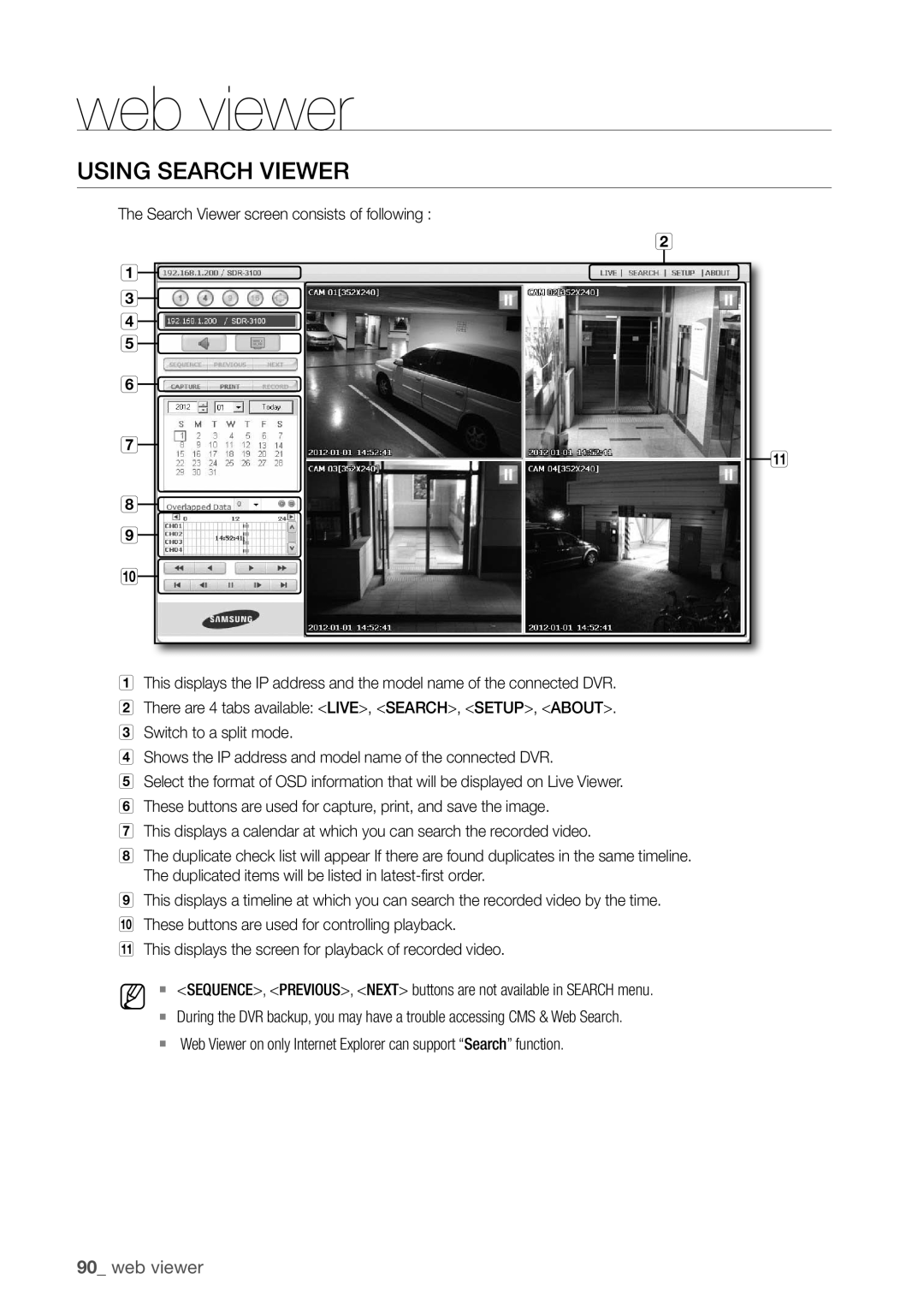 Samsung SDR3100 user manual uSIng SeArch VIeWer, b ac d e f g h i j, 90_ web viewer 