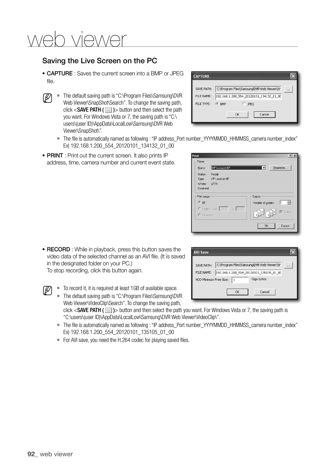 Samsung SDR3100 user manual 92_ web viewer, Saving the live Screen on the Pc 