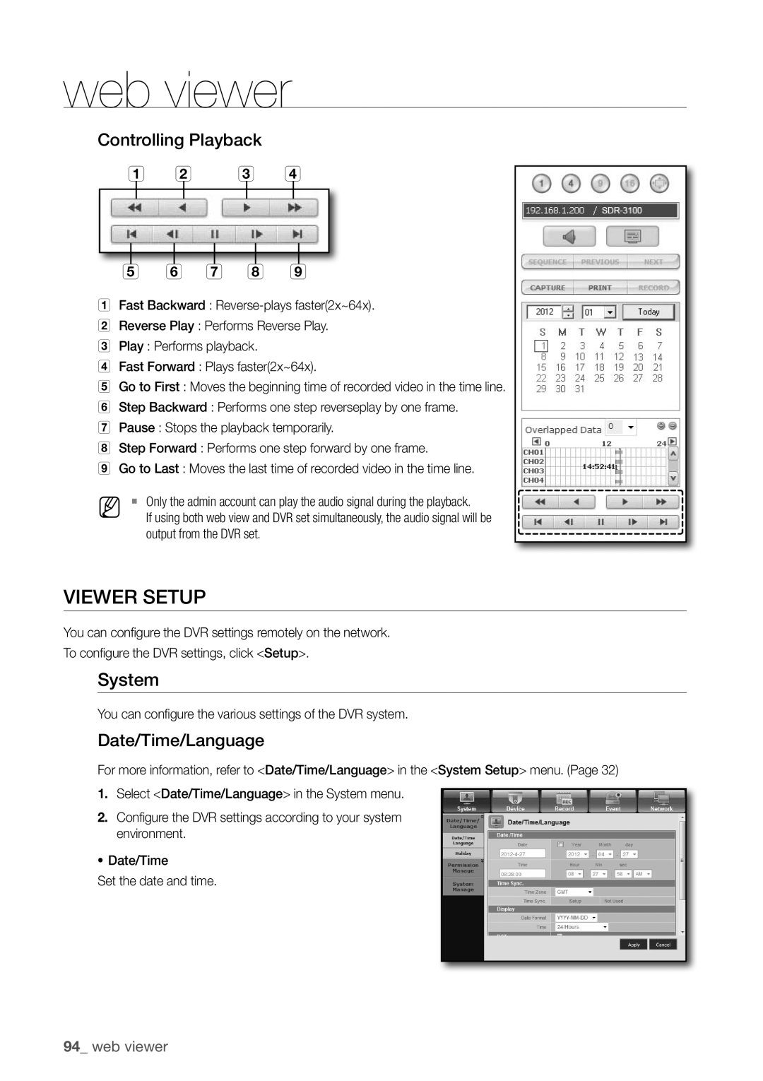 Samsung SDR3100 user manual VIeWer SetuP, System, controlling Playback a b c d e f g h, date/time/language, 94_ web viewer 