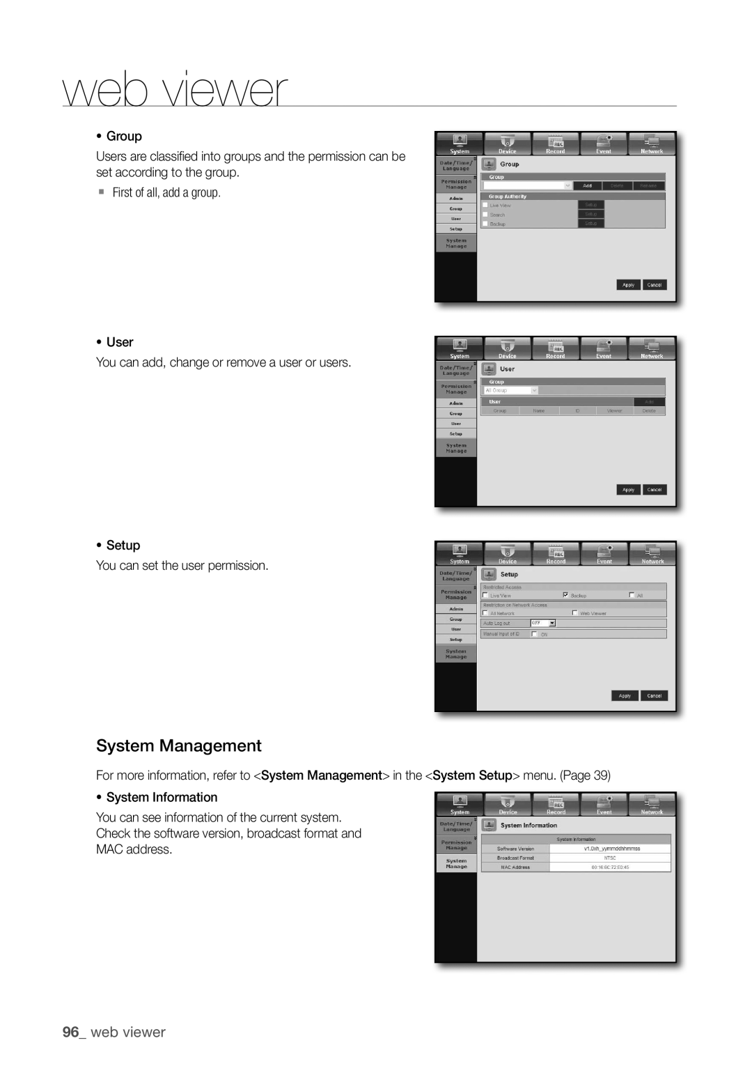 Samsung SDR3100 user manual System Management, 96_ web viewer 