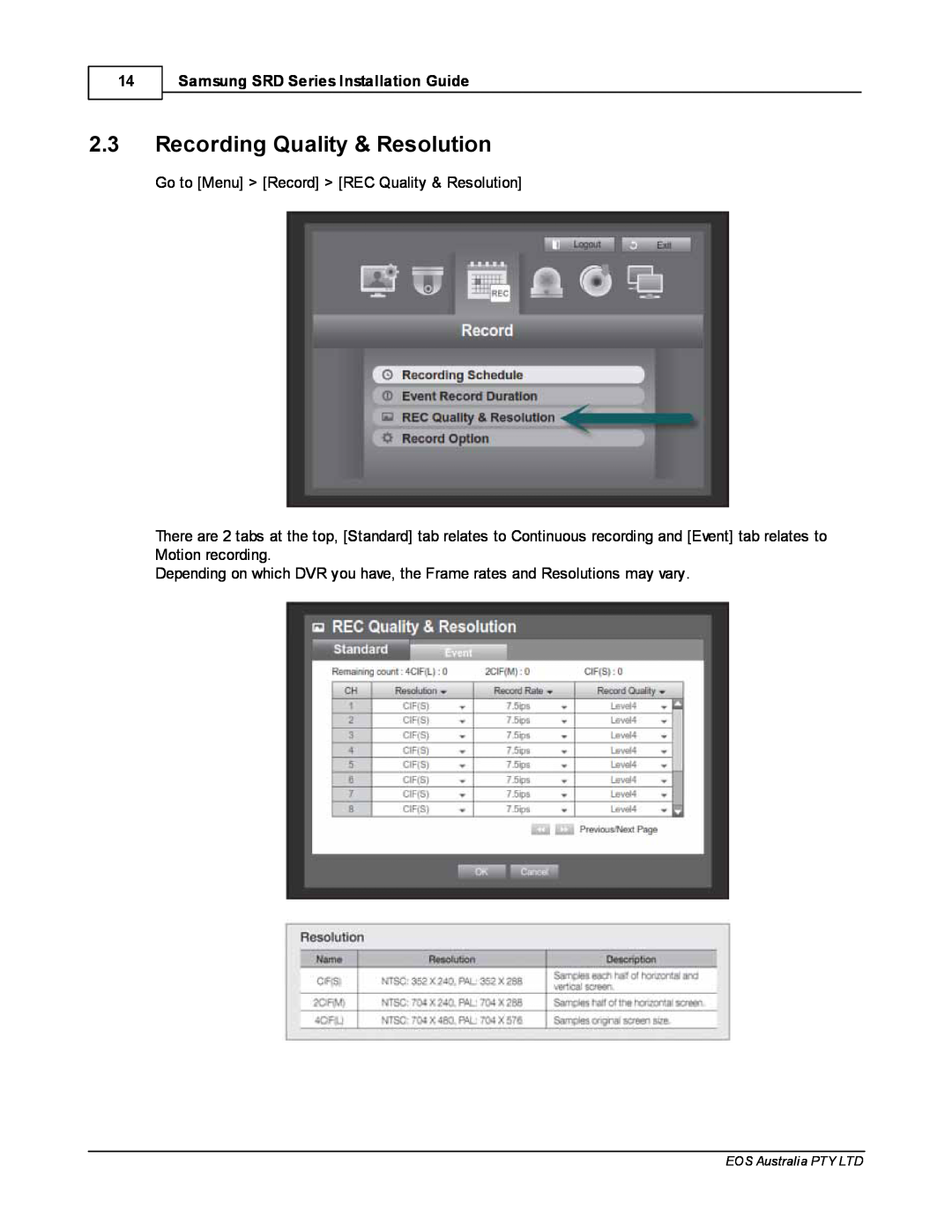 Samsung SDR4200 manual 2.3Recording Quality & Resolution, Samsung SRD Series Installation Guide 