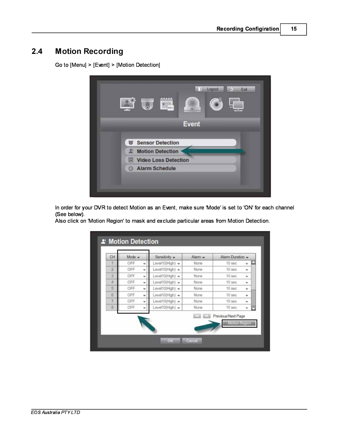 Samsung SDR4200 manual 2.4Motion Recording, Recording Configiration 