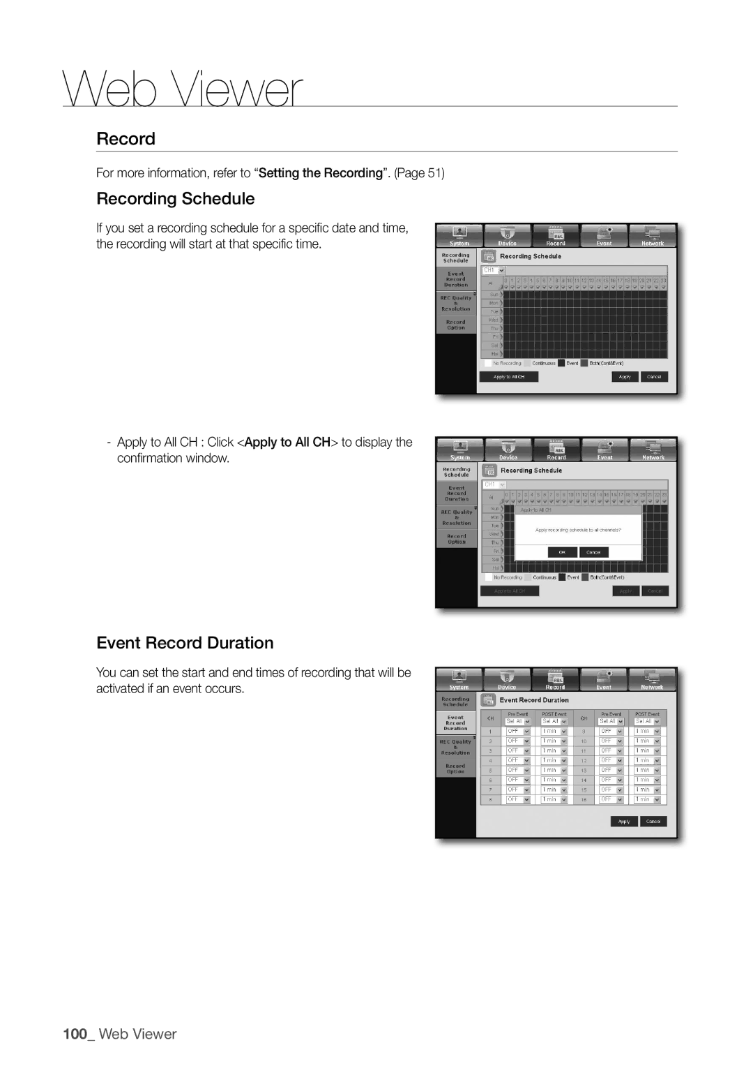 Samsung SDR5100 Recording Schedule, Event record duration, For more information, refer to Setting the recording 