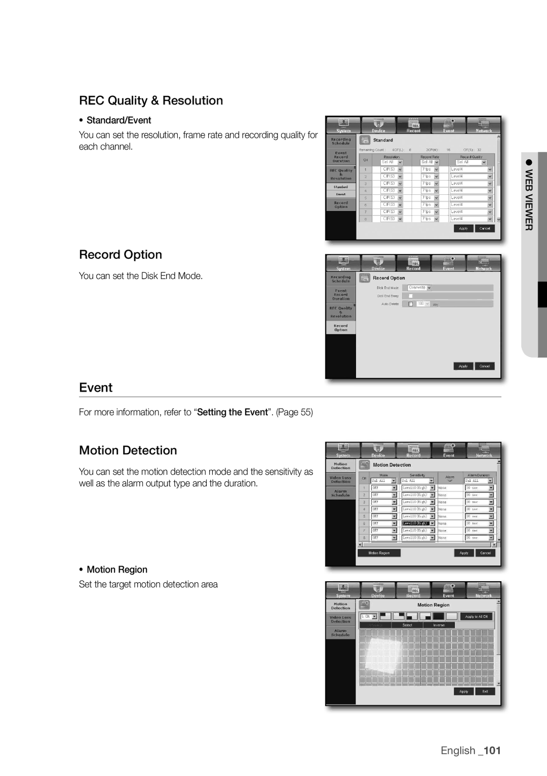 Samsung SDR4100, SDR5100 user manual Event, Rec Quality & resolution, Record option, Motion detection 