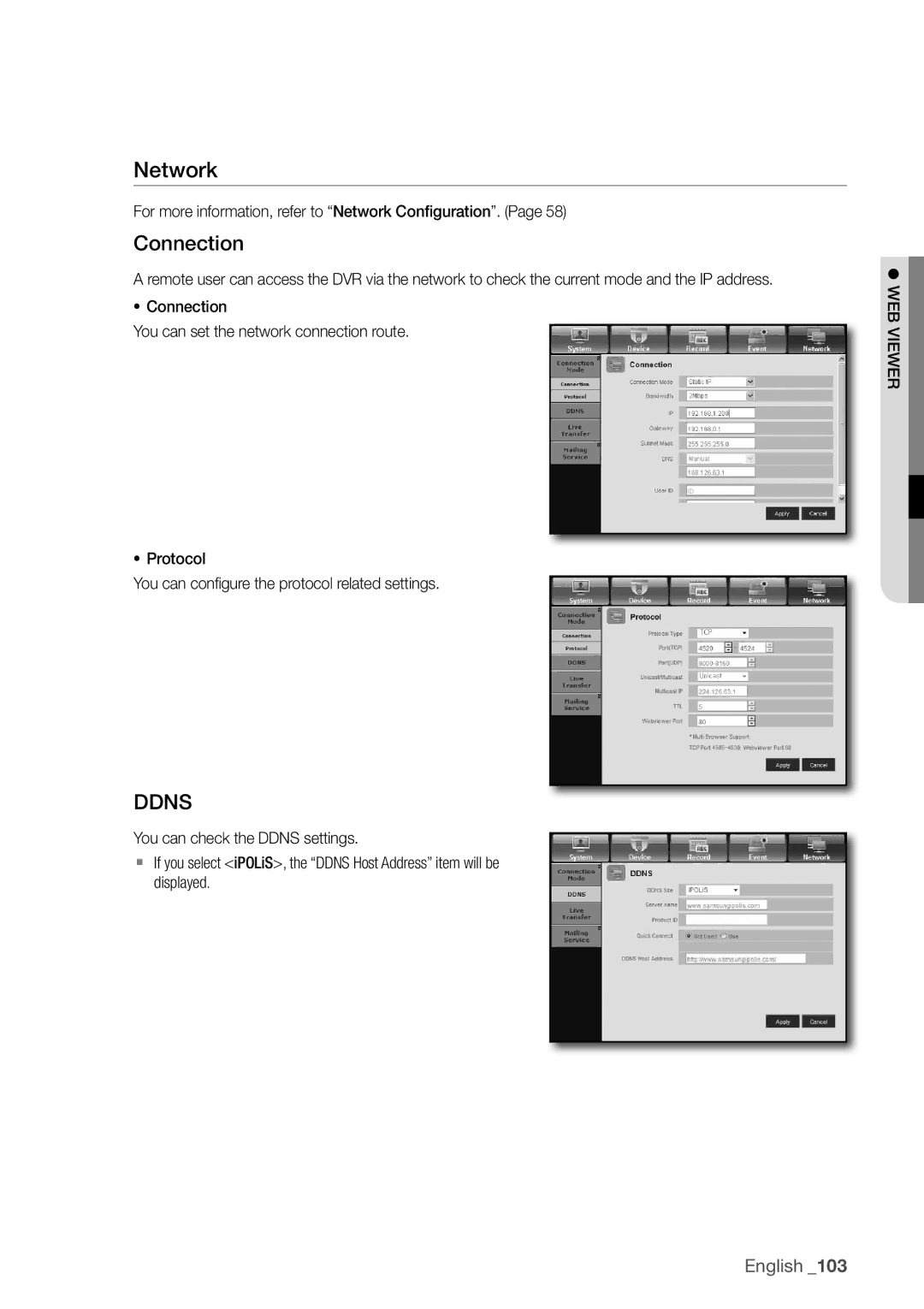 Samsung SDR4100, SDR5100 user manual Network, Connection, DdnS, For more information, refer to network configuration 