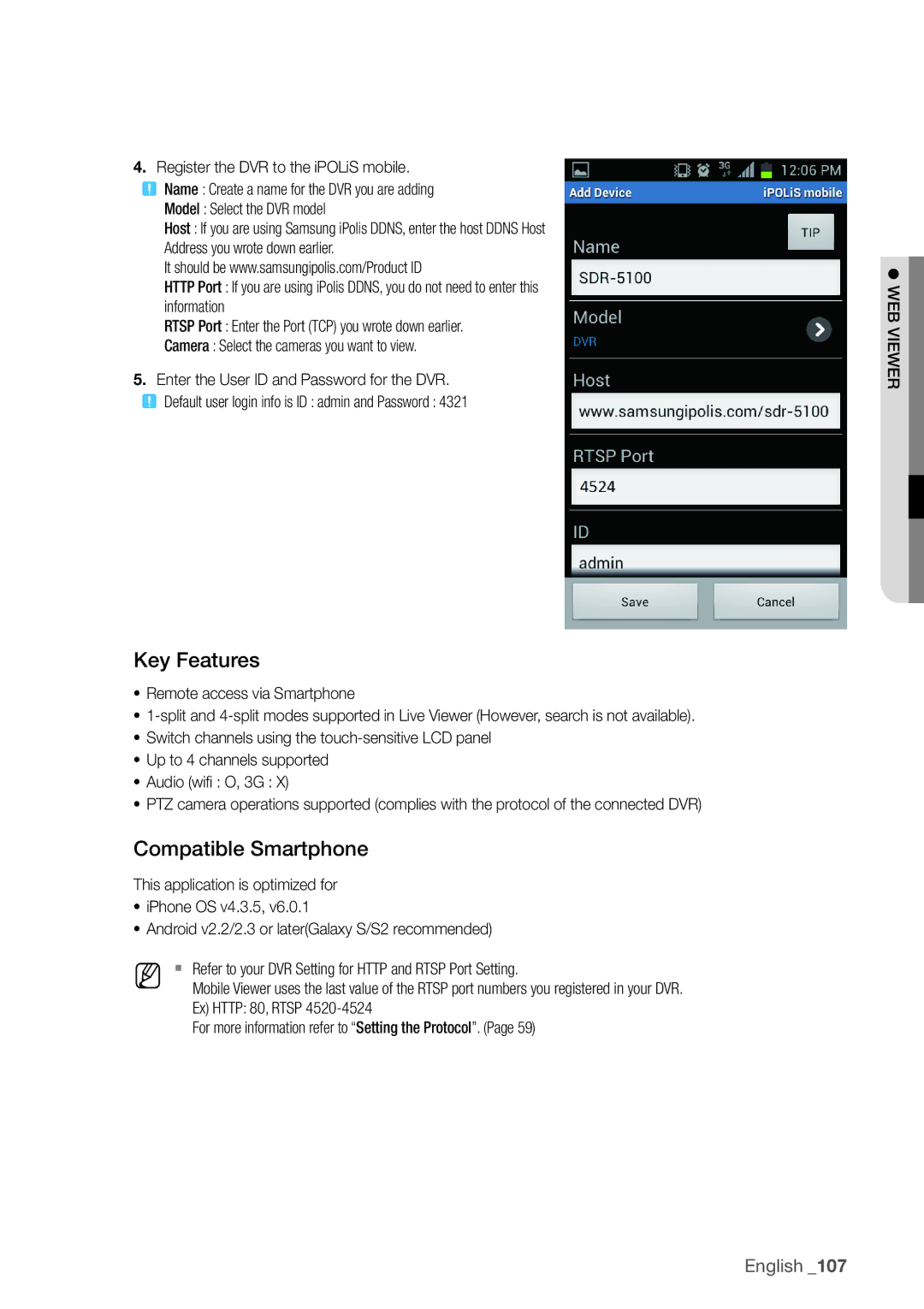 Samsung SDR4100, SDR5100 user manual Key Features, Compatible Smartphone 