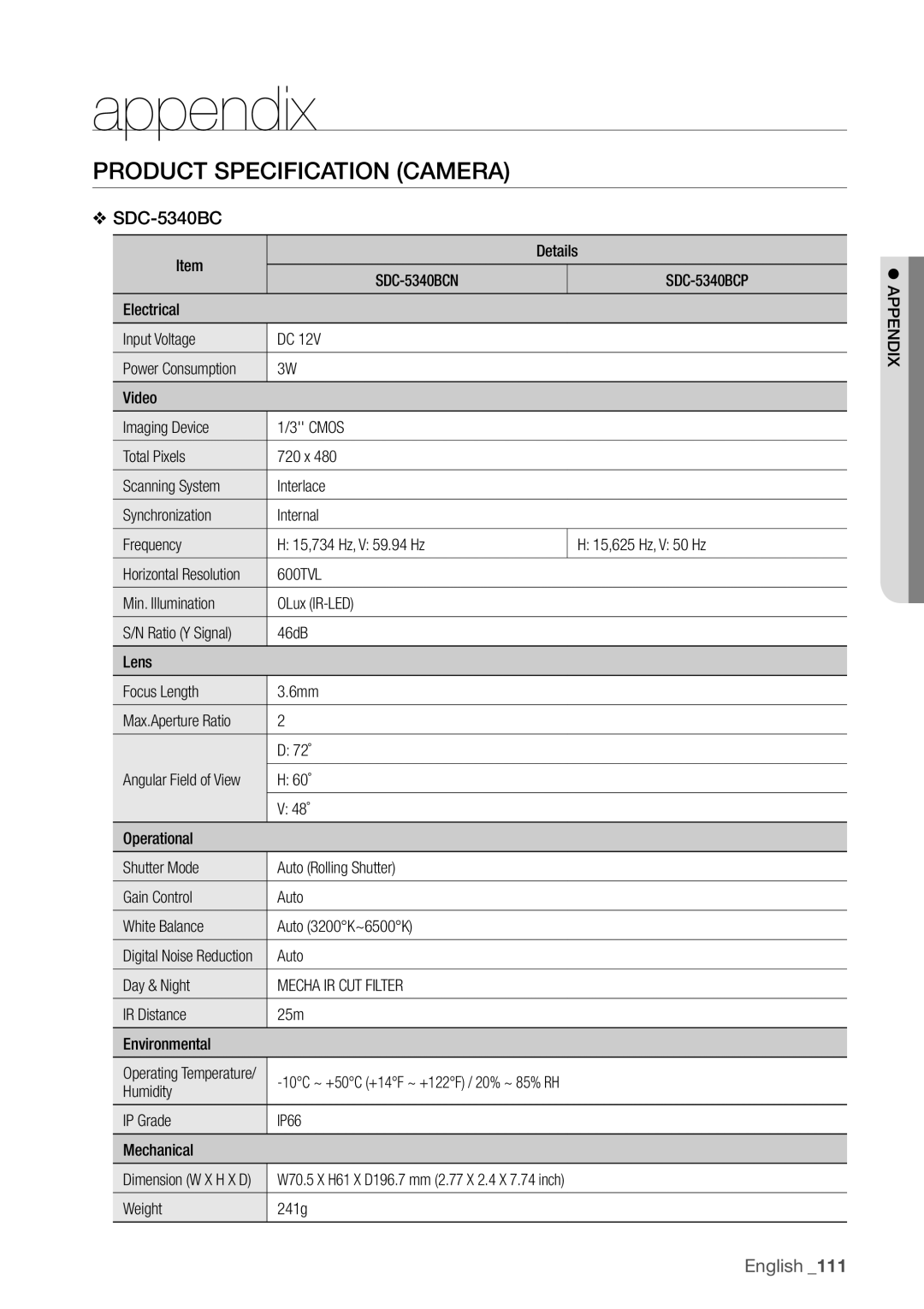 Samsung SDR4100, SDR5100 user manual Product Specification Camera, Mecha IR CUT Filter 