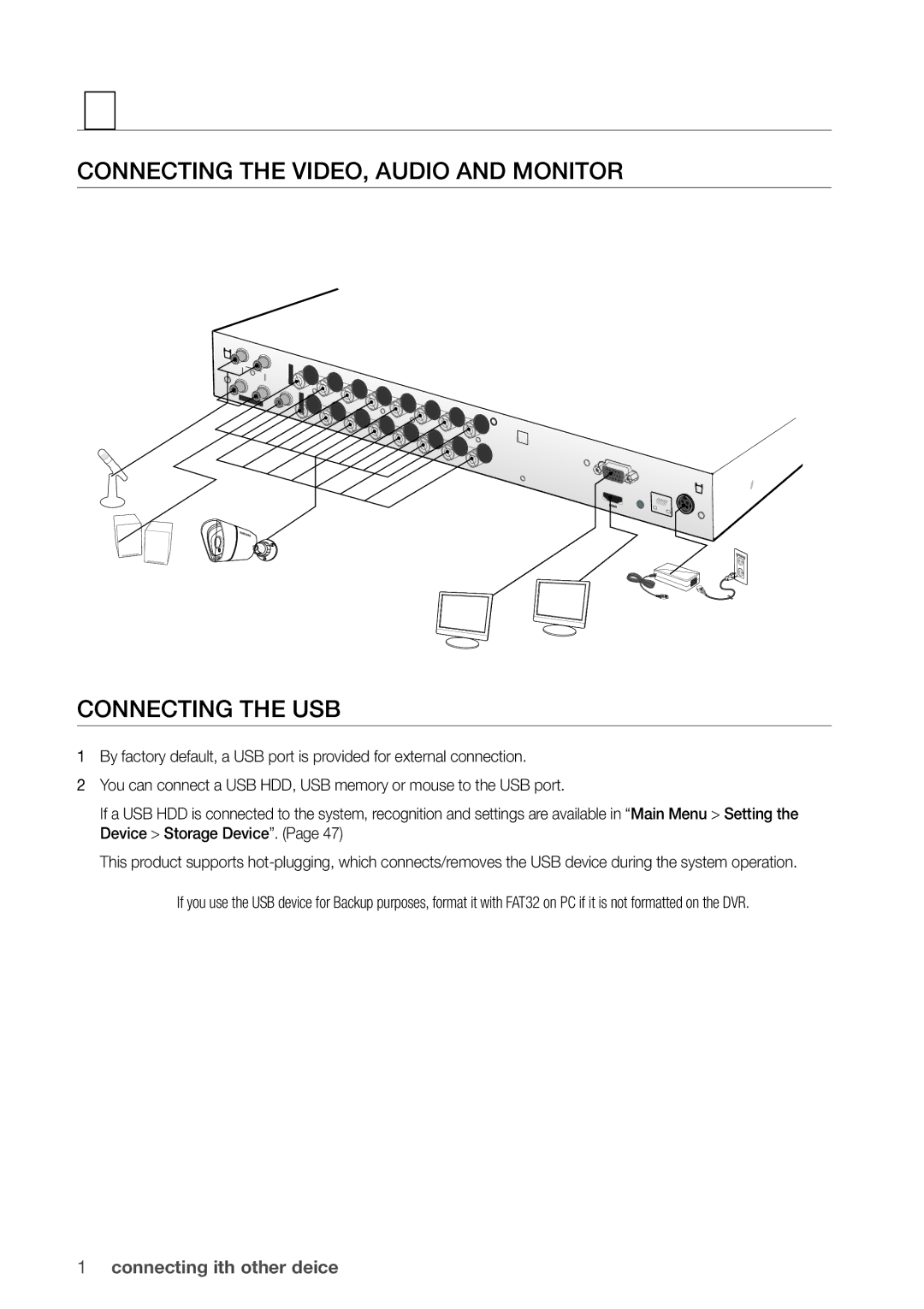 Samsung SDR5100, SDR4100 user manual ConneCTinG The video, Audio And moniTor, ConneCTinG The uSB 