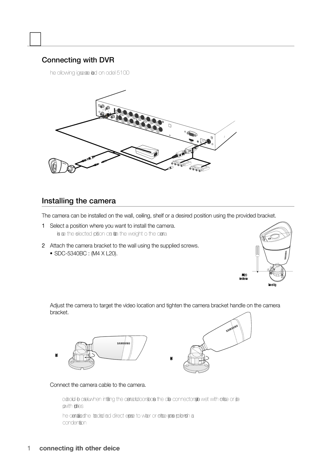 Samsung SDR5100, SDR4100 user manual Installing the camera, Connecting with dvr 