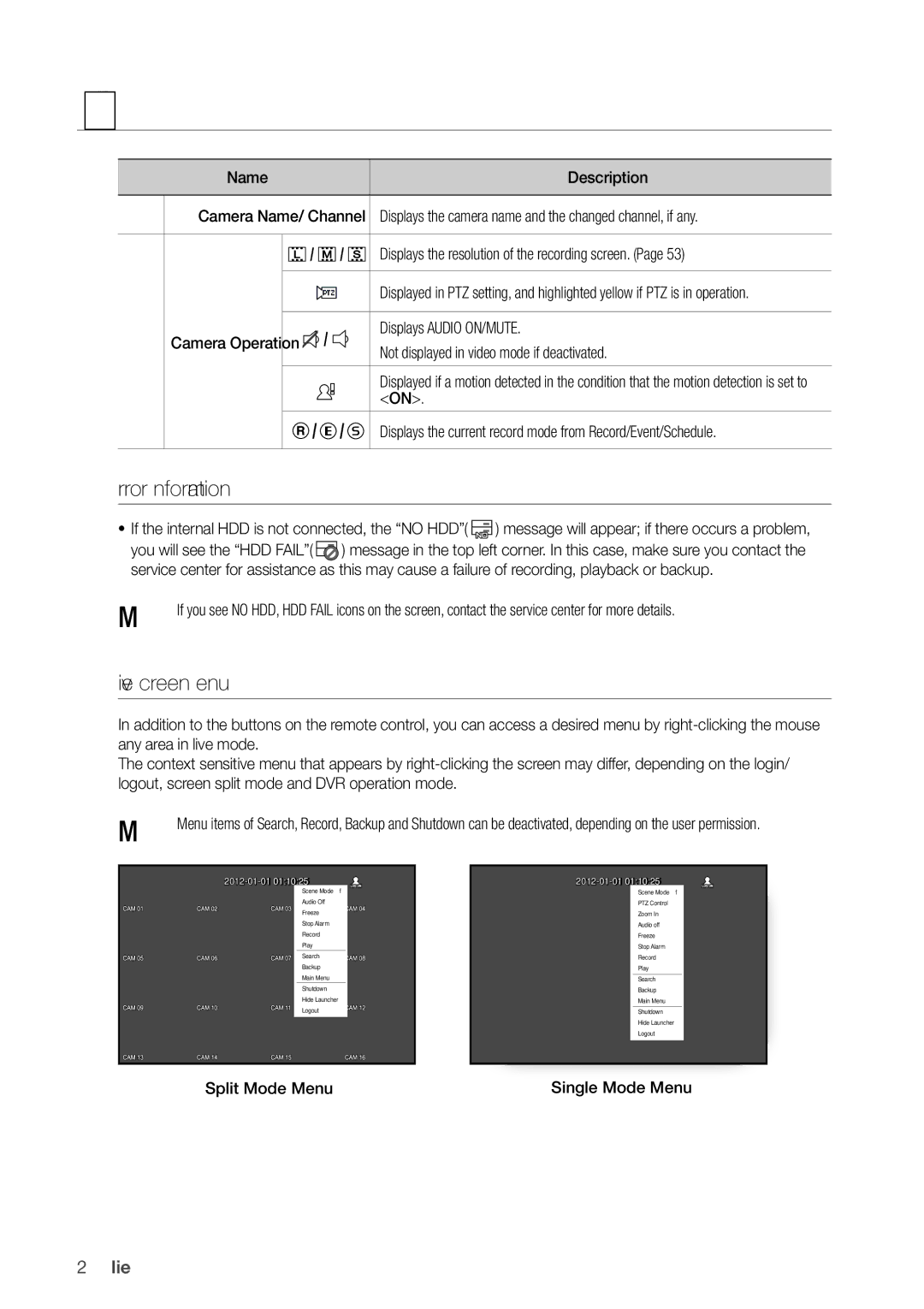 Samsung SDR5100, SDR4100 user manual Error information, Live Screen menu, Split Mode Menu, Single Mode Menu 