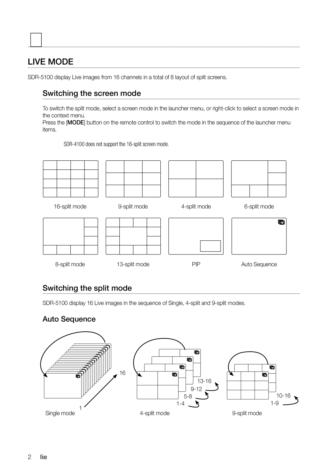 Samsung SDR5100, SDR4100 user manual Live Mode, Switching the screen mode, Switching the split mode, Auto Sequence 