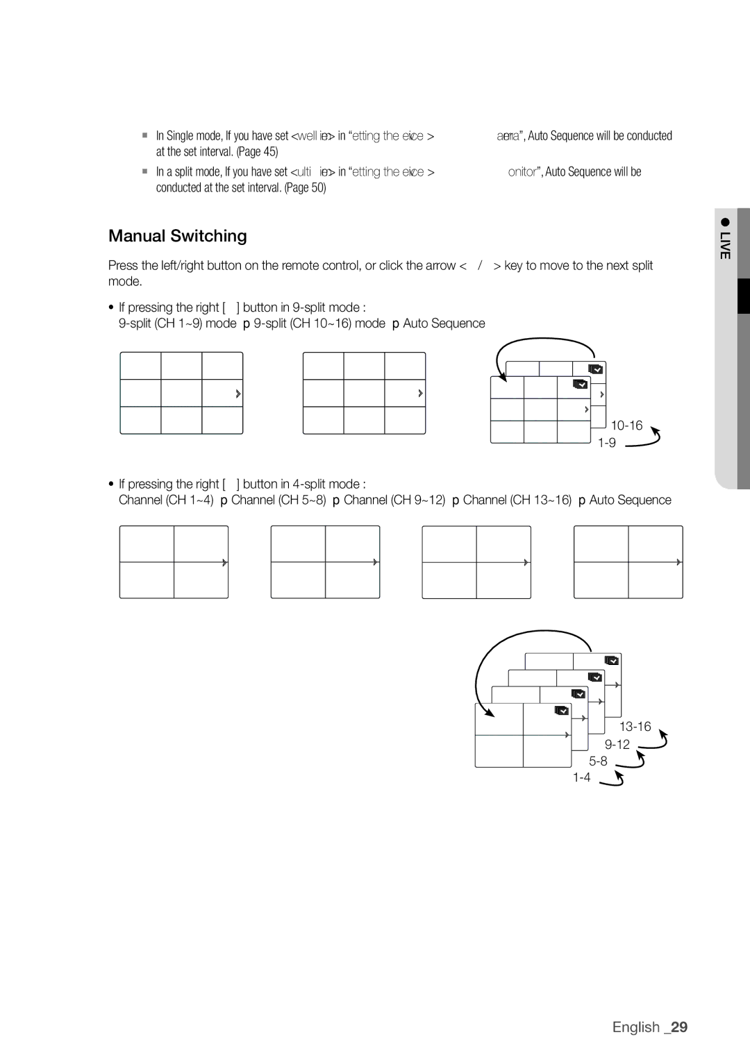 Samsung SDR4100, SDR5100 user manual Manual Switching, 10-16, If pressing the right + button in 4-split mode 