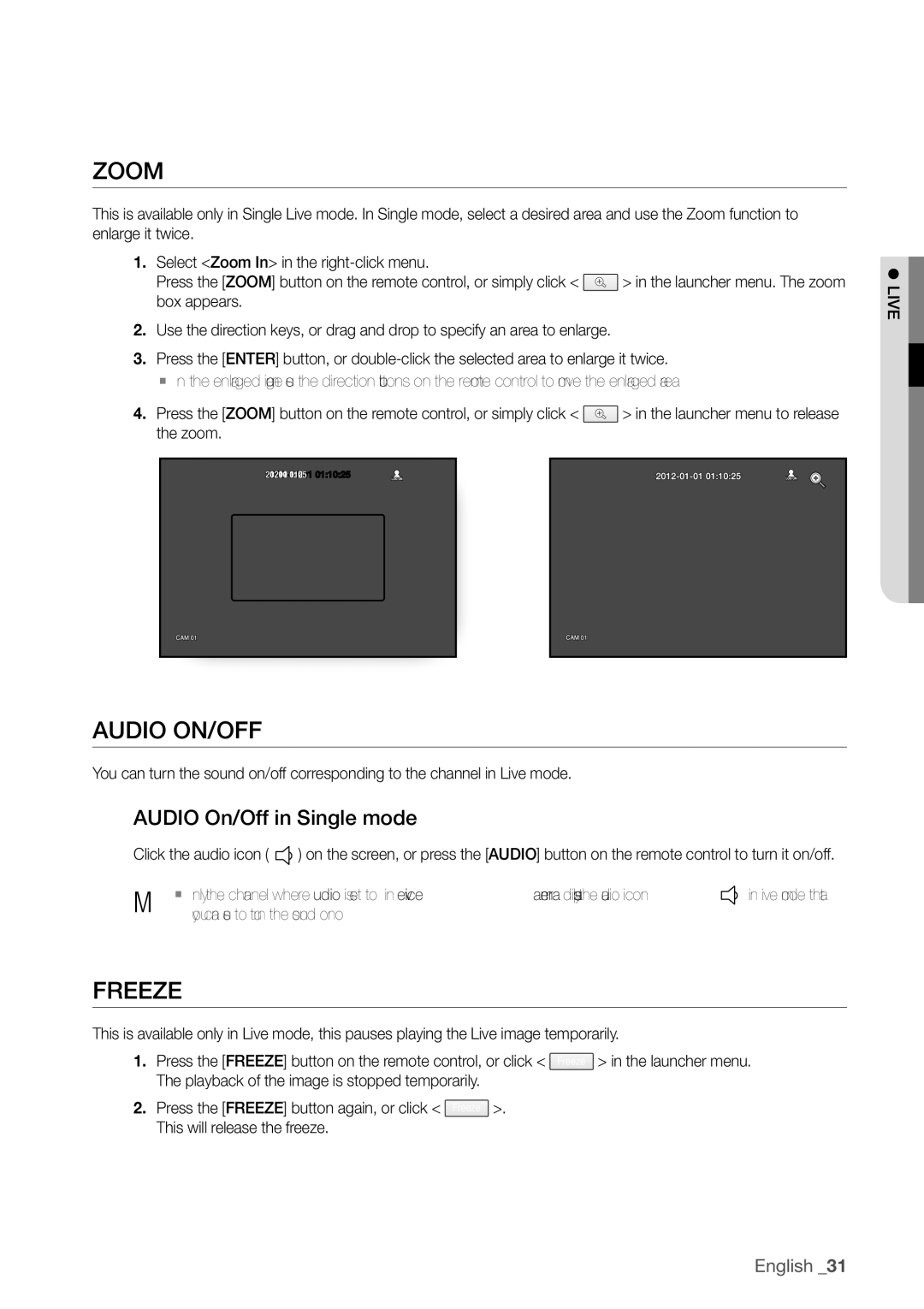 Samsung SDR4100, SDR5100 user manual Zoom, FreeZe, Audio on/off in Single mode, You can use to turn the sound on/off 