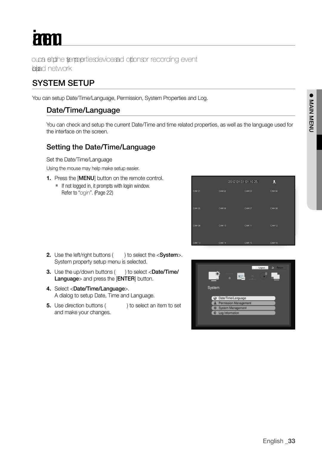 Samsung SDR4100, SDR5100 user manual SYSTem SeTuP, Setting the Date/Time/Language, Set the Date/Time/Language 