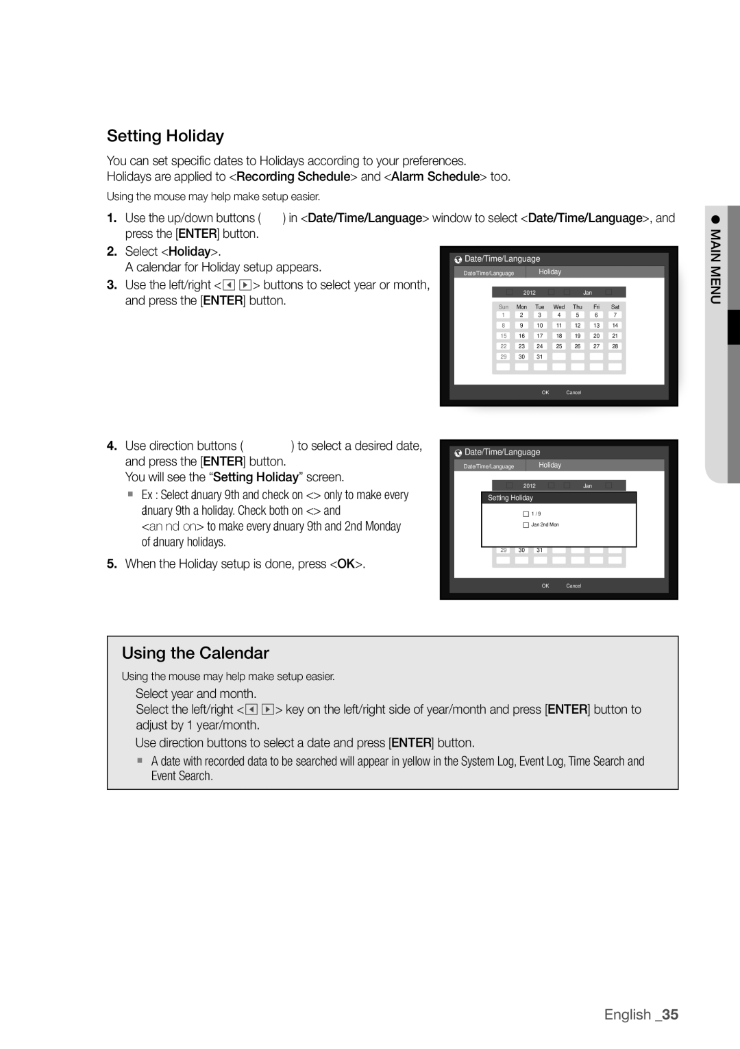 Samsung SDR4100, SDR5100 user manual Setting Holiday, Using the Calendar 