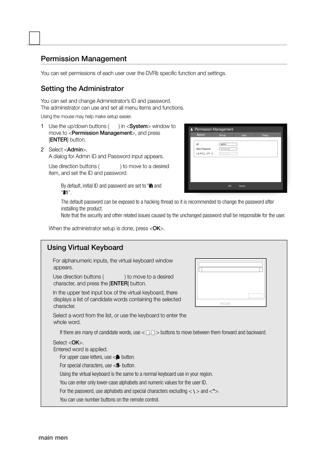 Samsung SDR5100, SDR4100 user manual Permission management, Setting the administrator, Using Virtual Keyboard 