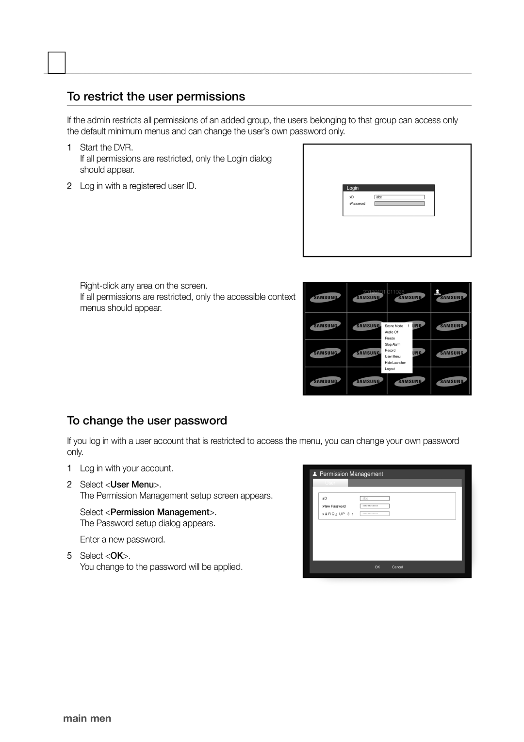 Samsung SDR5100, SDR4100 user manual To restrict the user permissions, To change the user password, Select user menu 