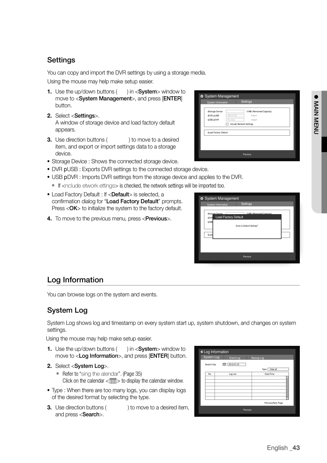 Samsung SDR4100, SDR5100 user manual Log information, Settings, System Log 