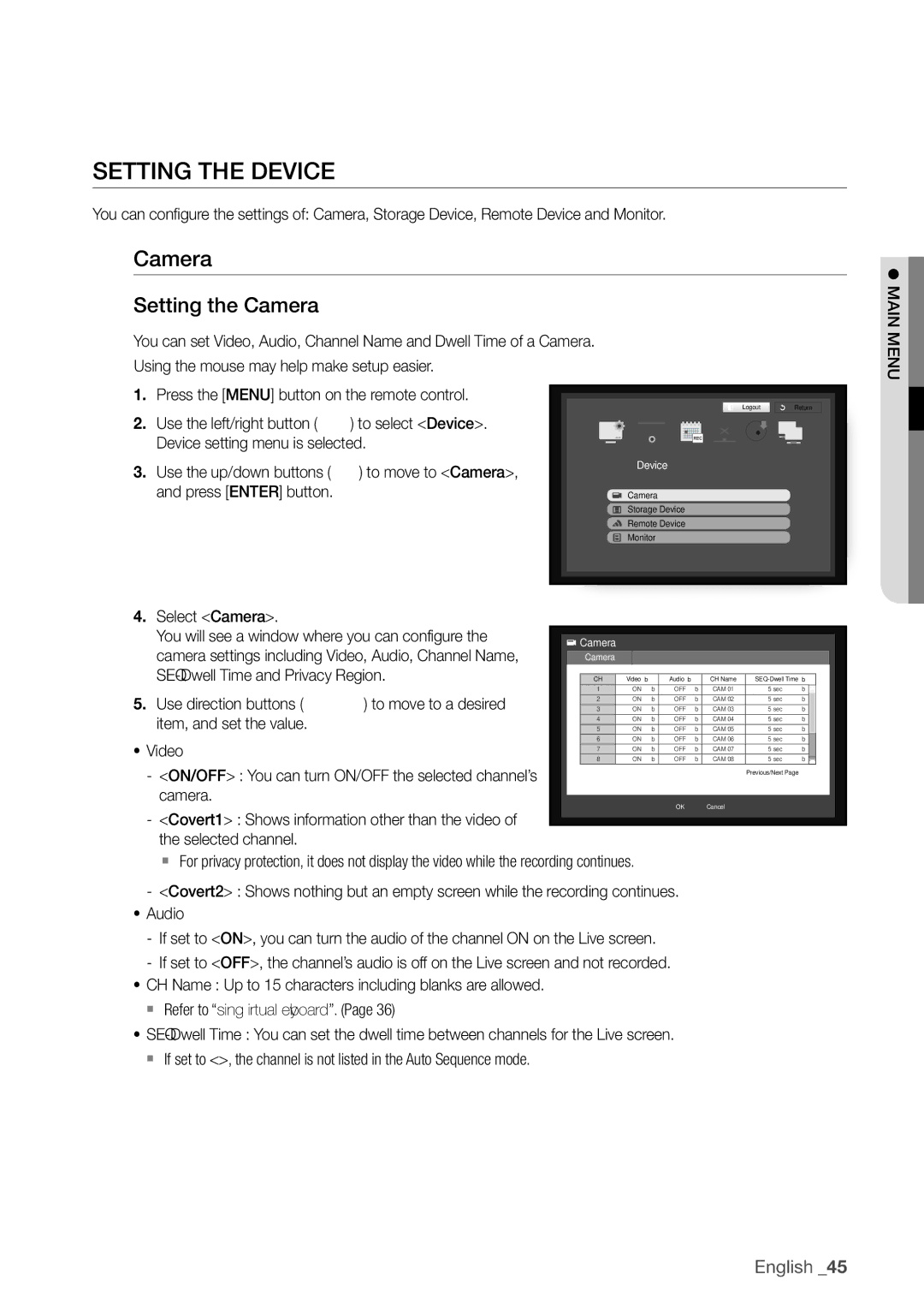 Samsung SDR4100, SDR5100 user manual SeTTinG THe DeViCe, Setting the Camera 