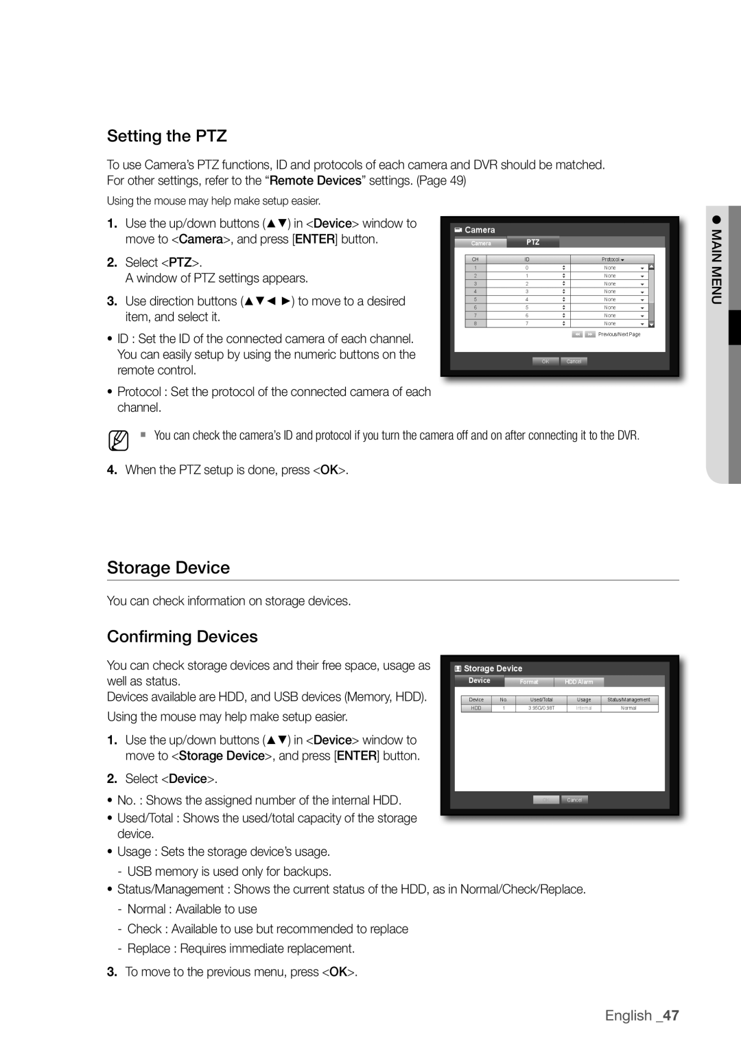 Samsung SDR4100, SDR5100 user manual Storage Device, Setting the PTZ, Confirming Devices 