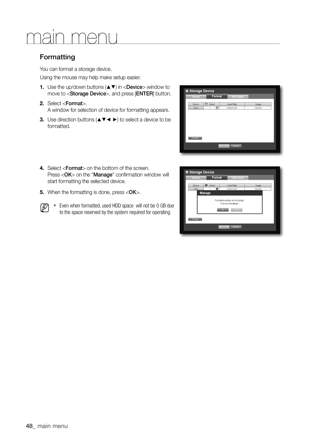 Samsung SDR5100, SDR4100 user manual Formatting, Select Format 