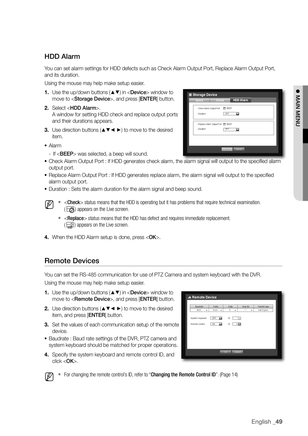 Samsung SDR4100, SDR5100 user manual Remote Devices, HDD alarm 