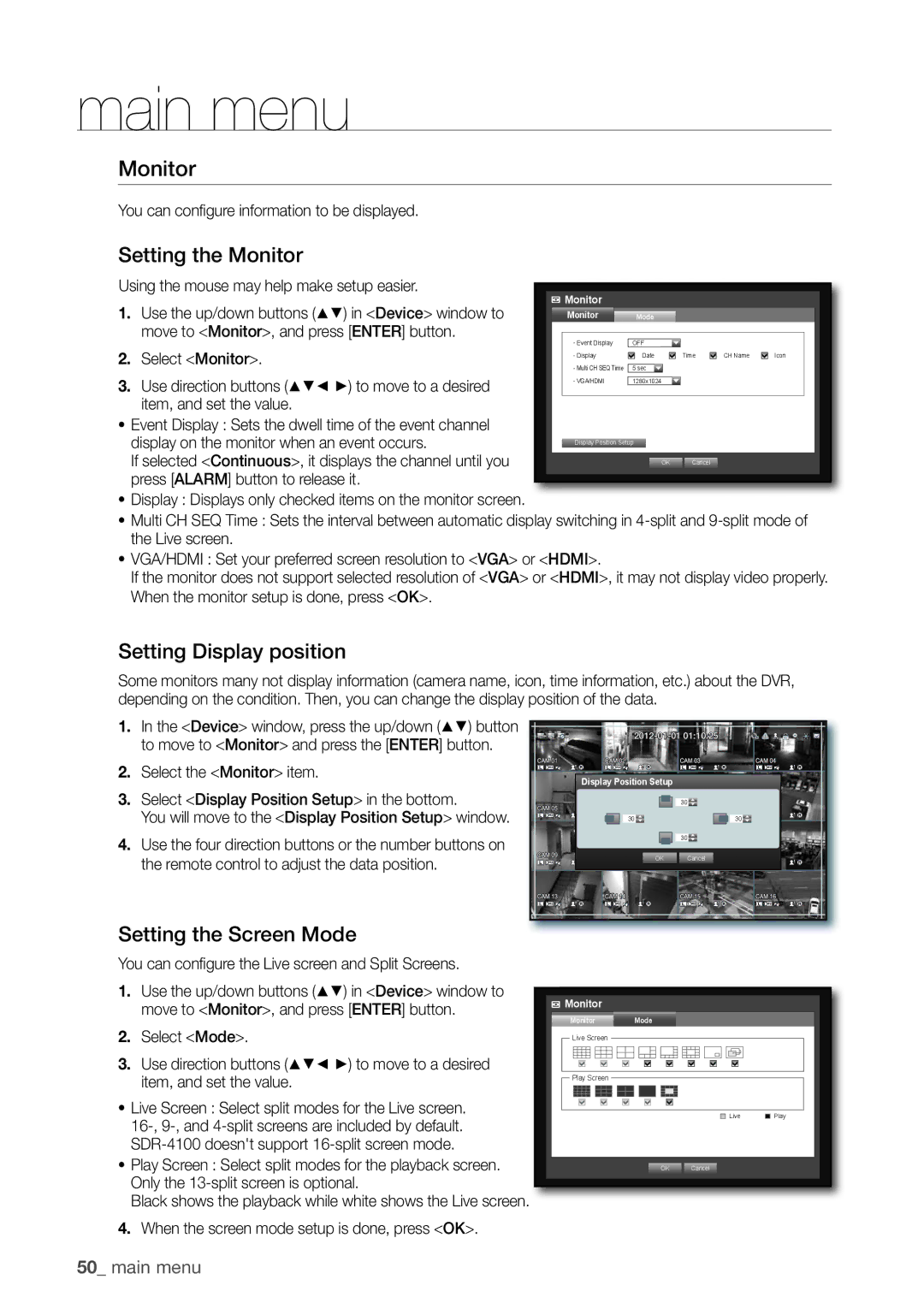 Samsung SDR5100, SDR4100 user manual Monitor, Setting the monitor, Setting Display position, Setting the Screen mode 