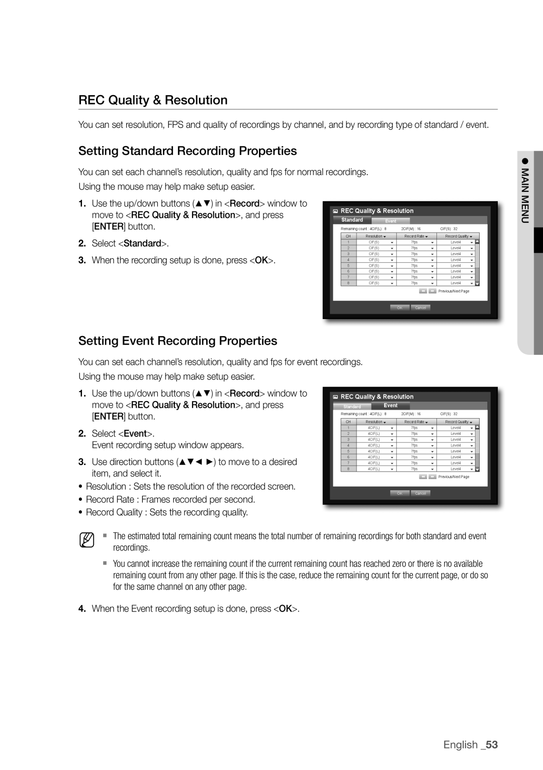 Samsung SDR4100 ReC Quality & Resolution, Setting Standard Recording Properties, Setting event Recording Properties 