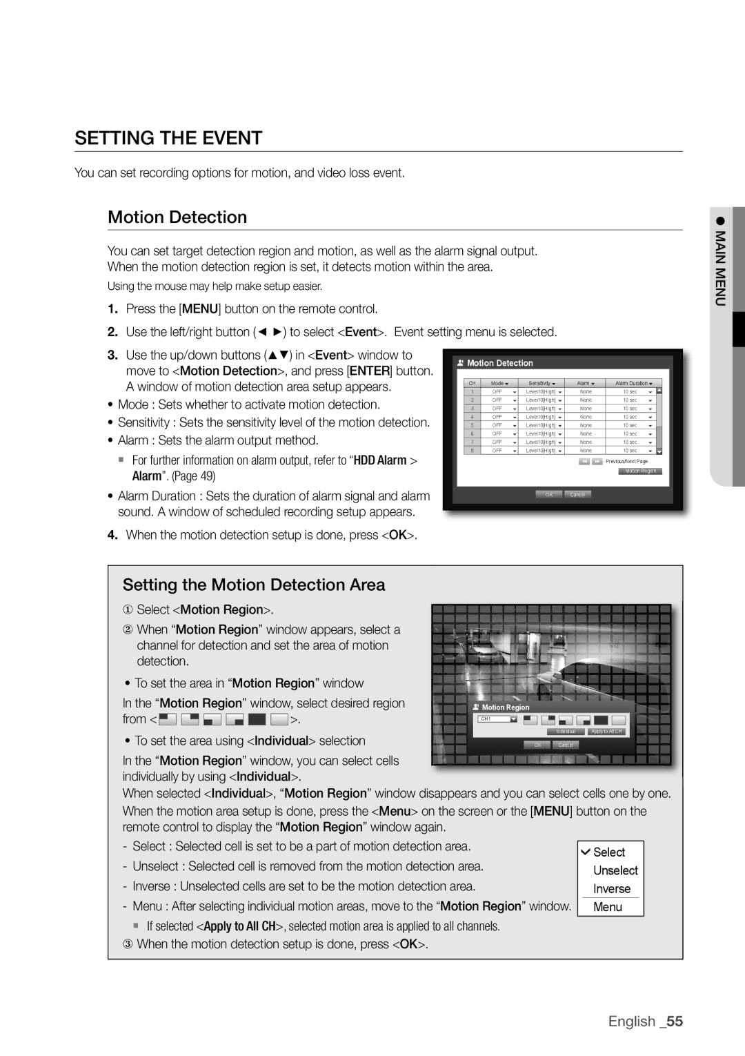 Samsung SDR4100, SDR5100 user manual SeTTinG THe eVenT, Motion Detection, Setting the motion Detection area 