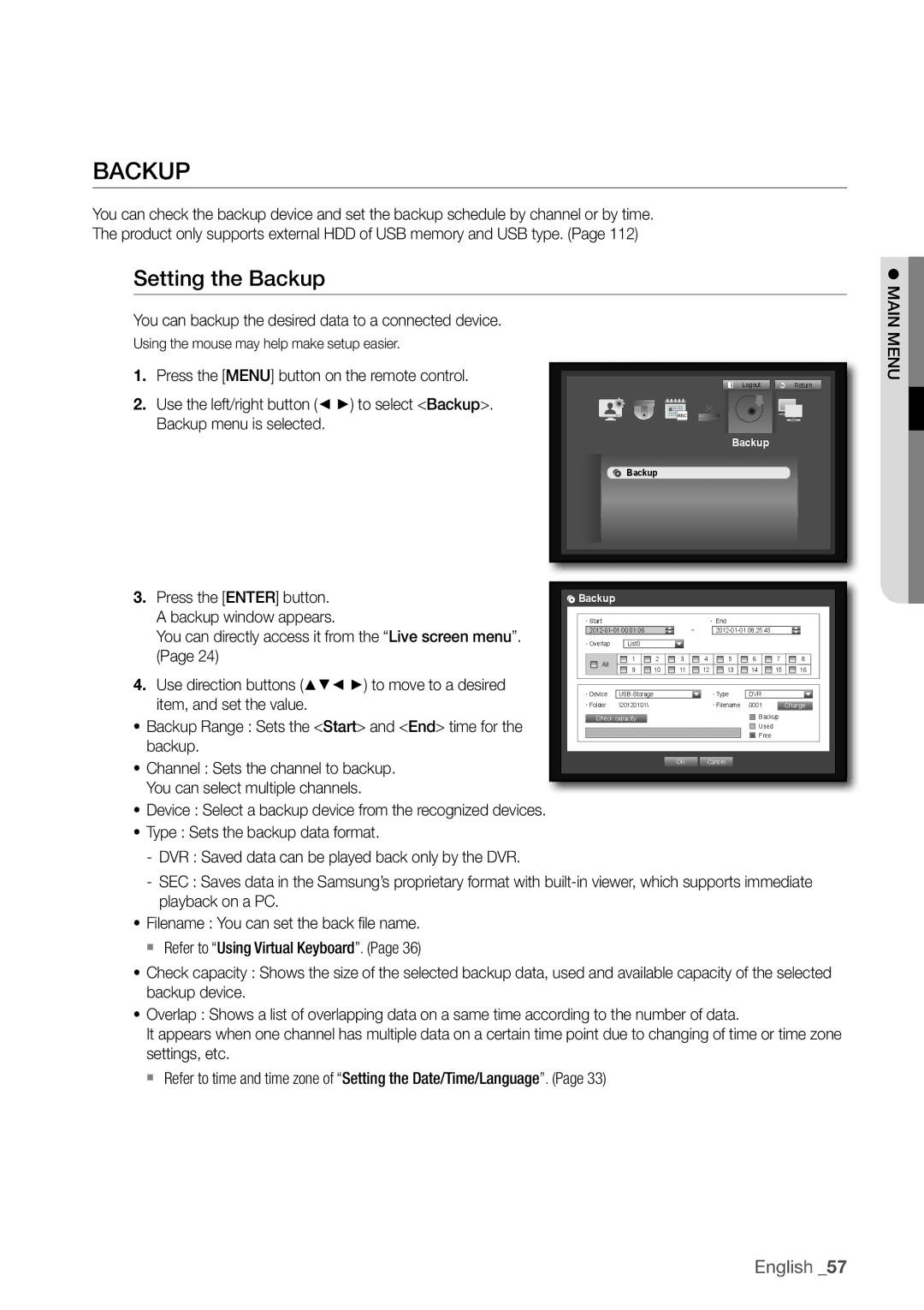 Samsung SDR4100, SDR5100 user manual BaCKuP, Setting the Backup, You can backup the desired data to a connected device 