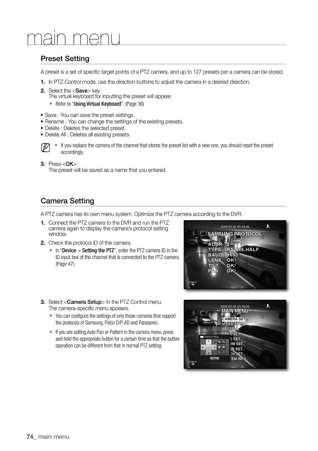 Samsung SDR5100, SDR4100 user manual Preset Setting, Camera Setting 