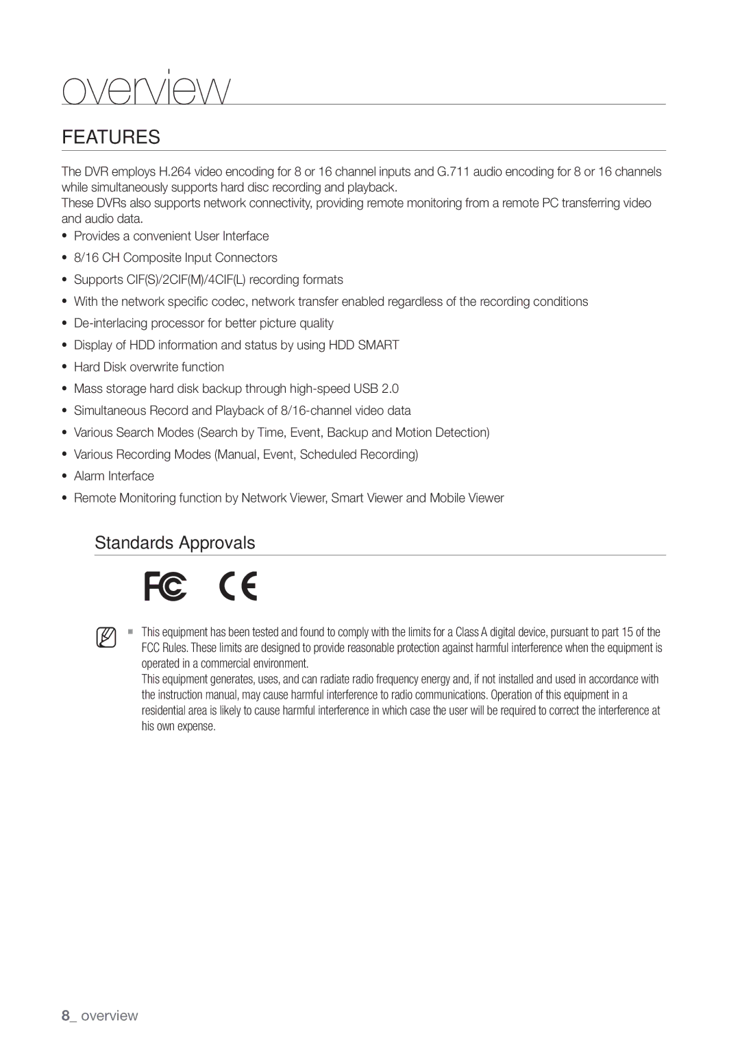 Samsung SDR5100, SDR4100 user manual Features, Standards Approvals 