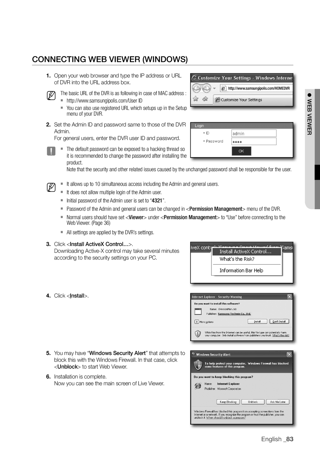 Samsung SDR4100, SDR5100 user manual ConnectIng Web VIeWer WIndoWS, DVR into the URL address box, Menu of your DVR, Admin 