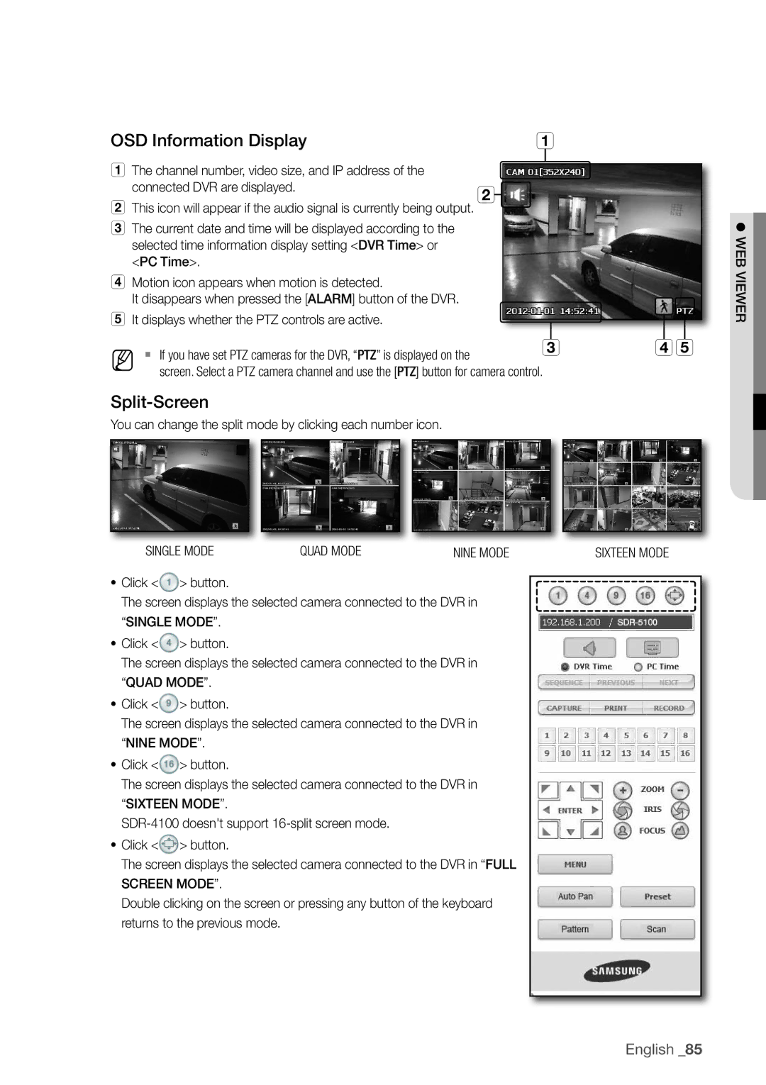 Samsung SDR4100, SDR5100 user manual OSd Information display, Split-Screen, Single Mode Quad Mode, Sixteen Mode 