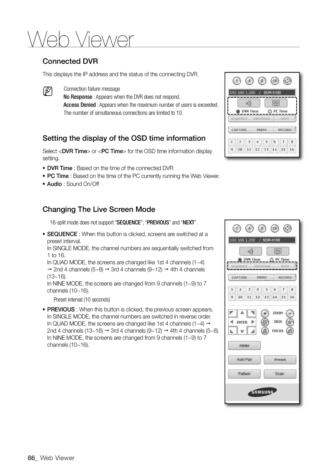 Samsung SDR5100, SDR4100 Connected dVr, Setting the display of the oSd time information, Changing the live Screen Mode 