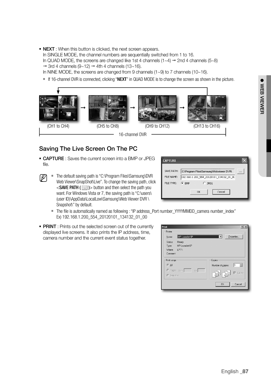 Samsung SDR4100, SDR5100 user manual Saving the live Screen on the Pc, CH1 to CH4 CH5 to CH8 