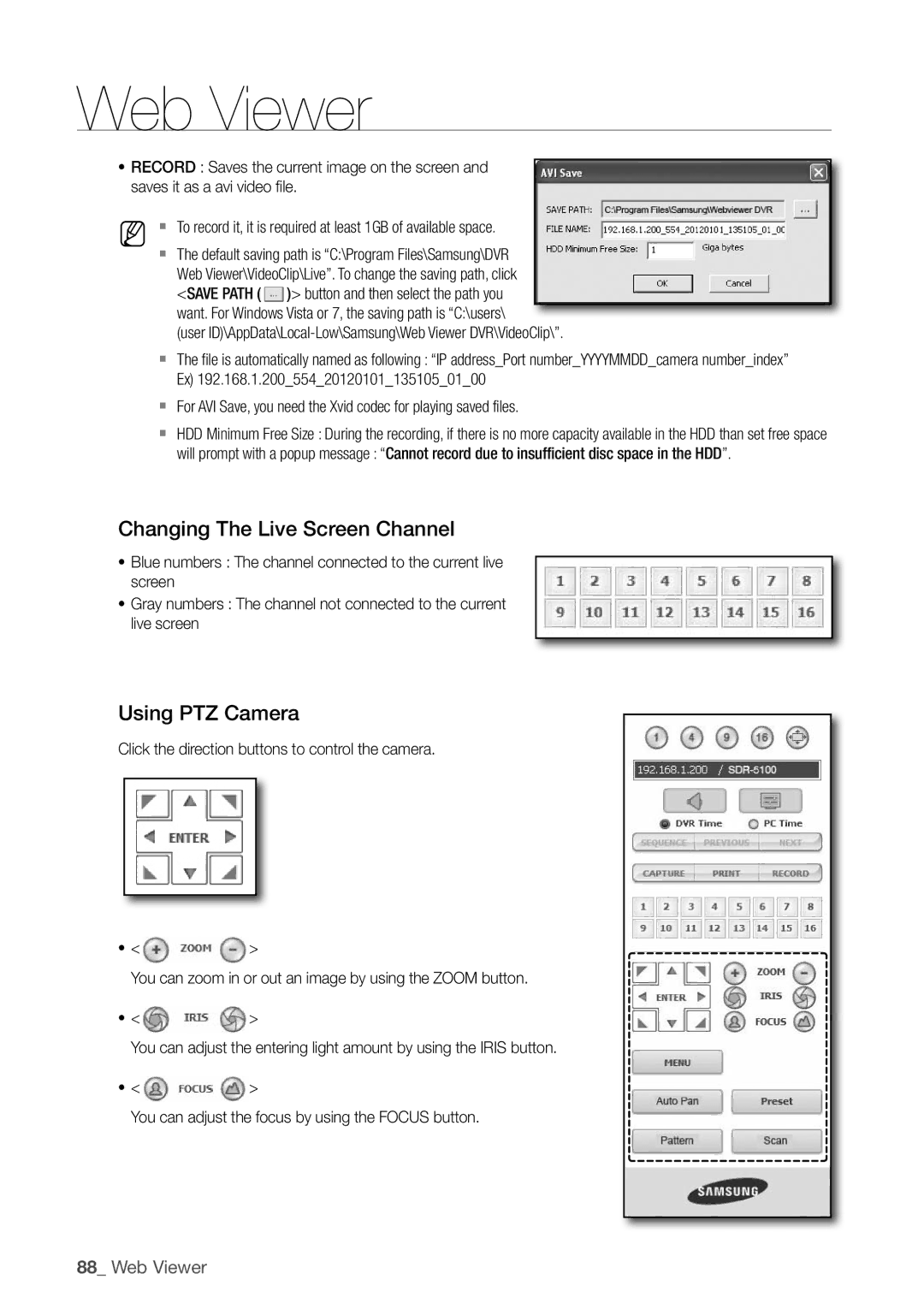 Samsung SDR5100, SDR4100 user manual Changing the live Screen channel, Using PtZ camera 