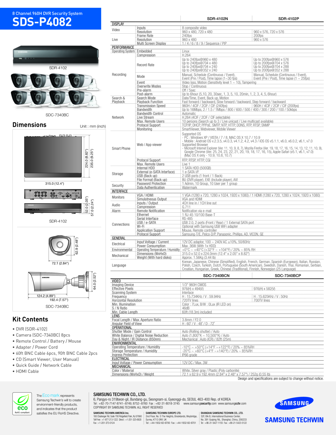 Samsung SDS-P4082 manual Dimensions, Kit Contents, Channel 960H DVR Security System, DVR SDR-4102 Camera SDC-7340BC8pcs 