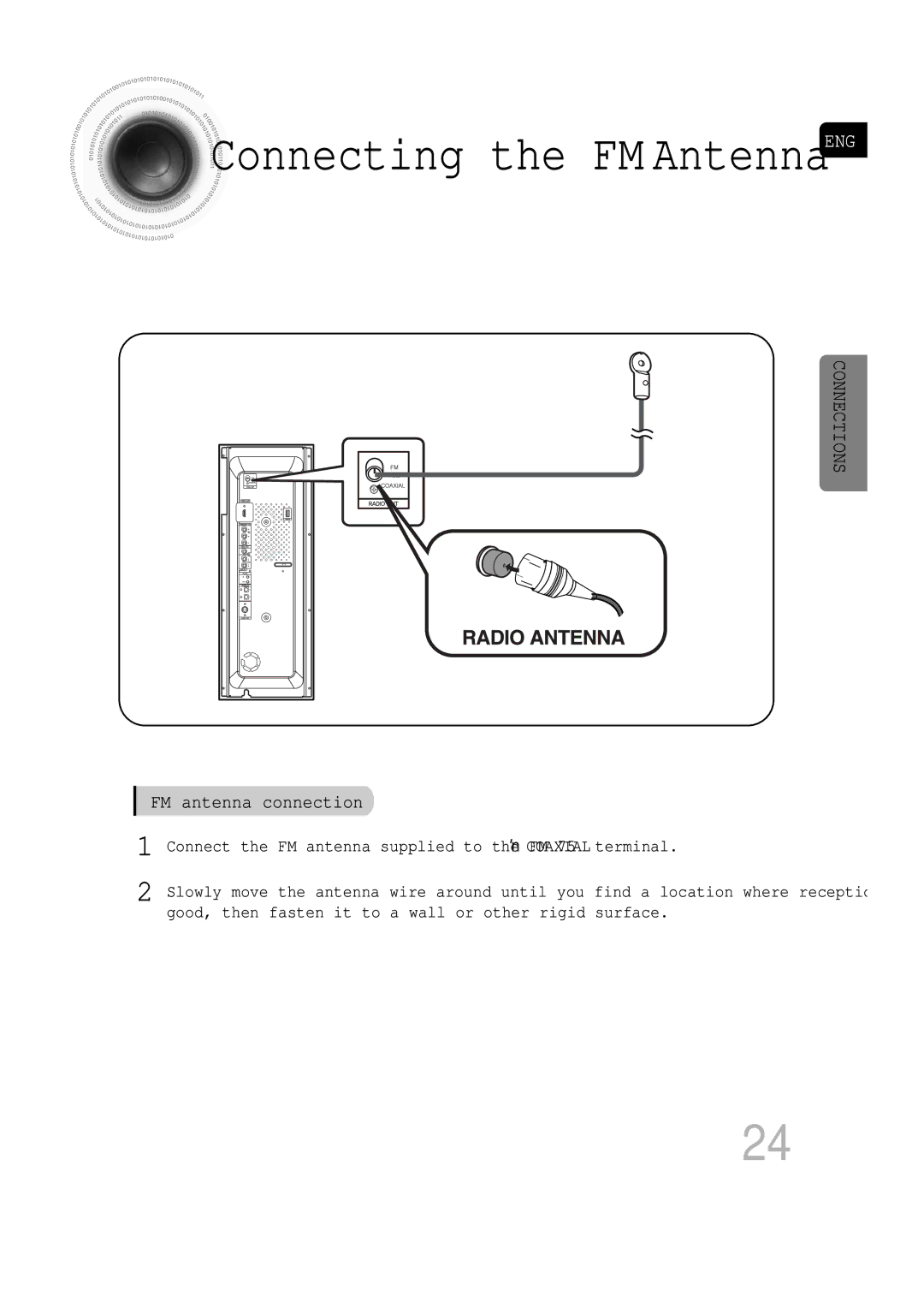 Samsung AH68-01720S, SDSM-EX, P1200-SECA, 20060814151350437 manual Connecting the FM Antenna ENG, FM antenna connection 